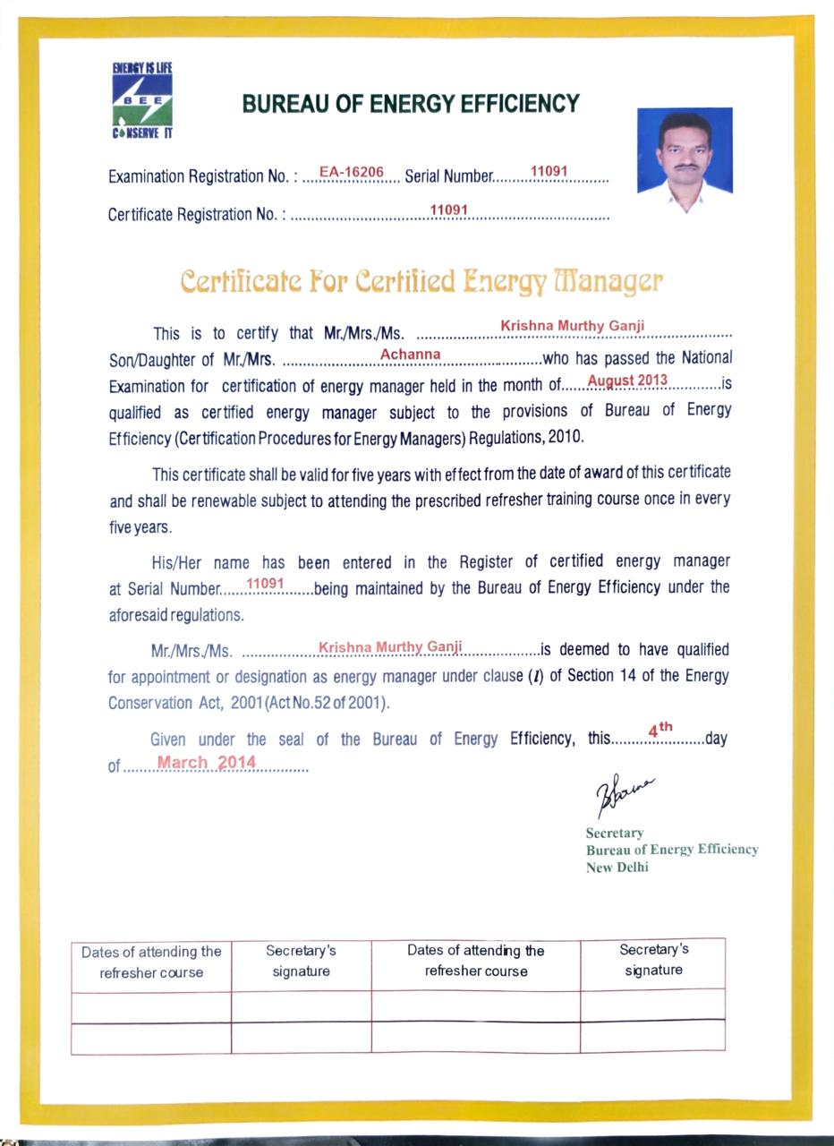 Certified Energy Manager Certificate - Bureau of Energy Efficiency, Government of India - Krishna Murthy Ganji