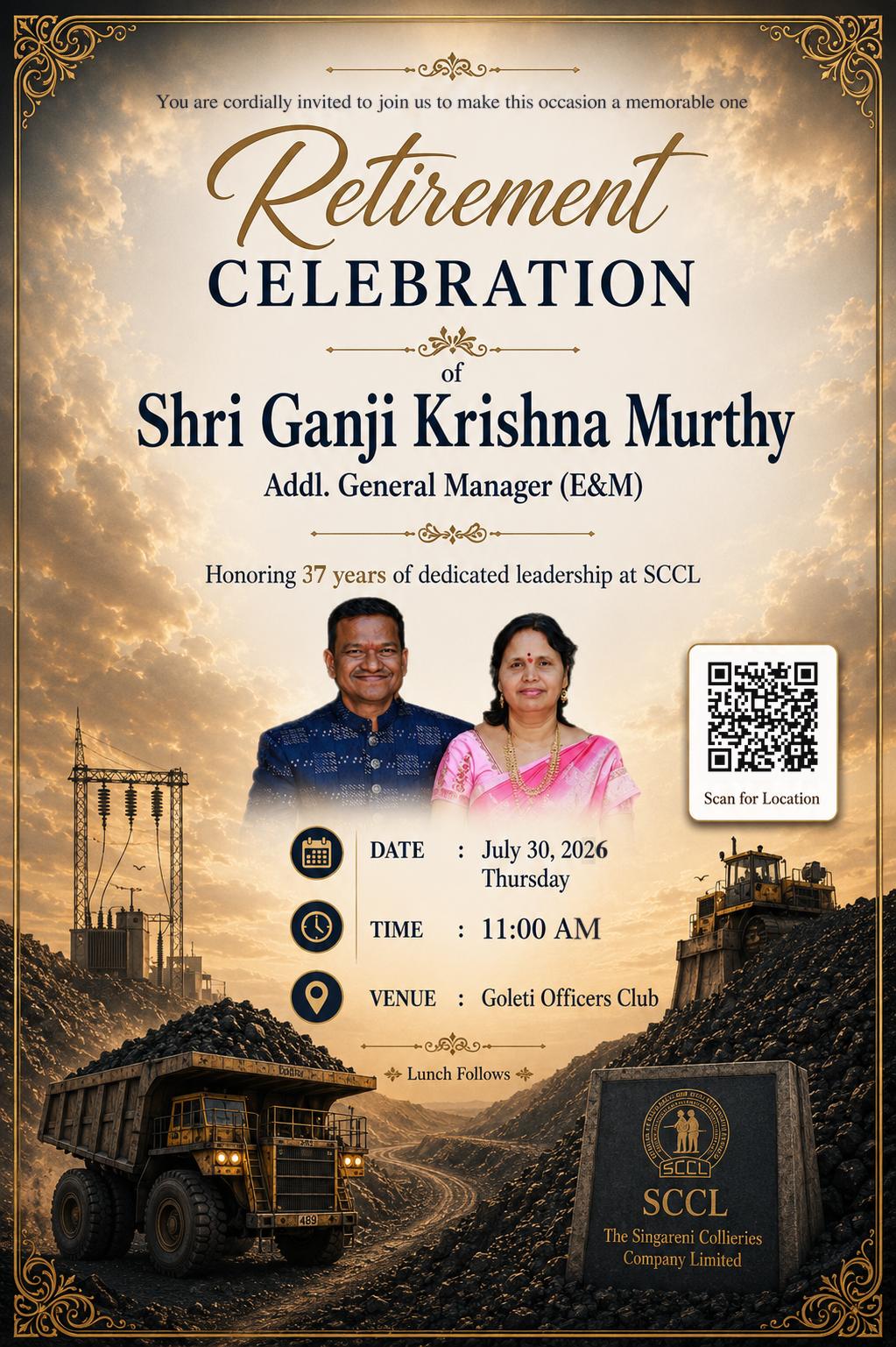 Retirement Celebration Invitation - Shri Ganji Krishna Murthy, Addl. General Manager (E&M), SCCL - July 30, 2026 at Goleti Officers Club